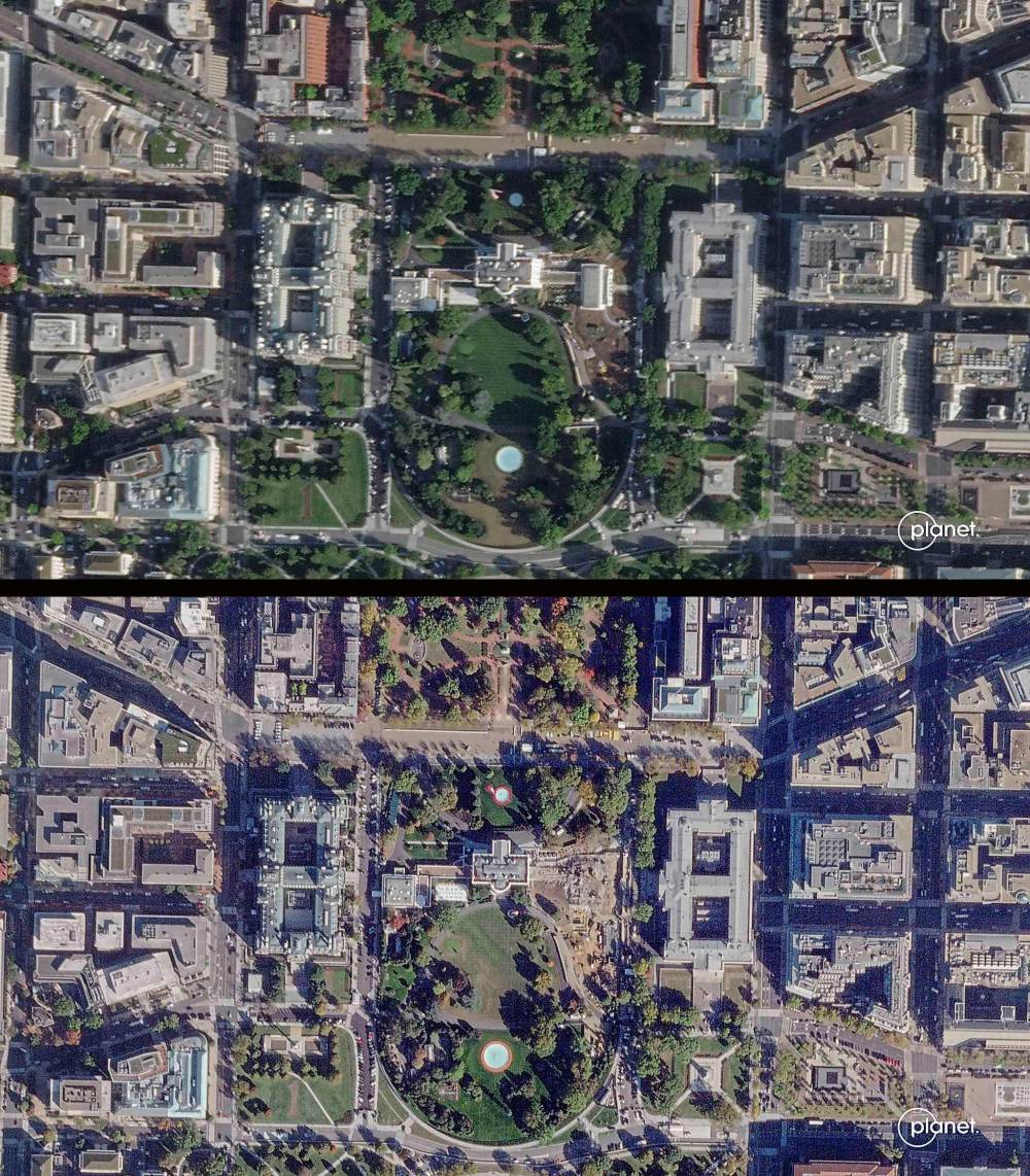 Satellite images show the White House with the East Wing intact on Sept. 26 (top) and under demolition on Oct. 23 (bottom). (Planet Labs PBC via The Associated Press)