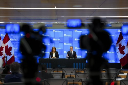 Tiff Macklem, governor of the Bank of Canada, and Carolyn Rogers, senior deputy governor, hold a press conference at the Bank of Canada in Ottawa on Wednesday, Oct. 29, 2025. THE CANADIAN PRESS/Sean Kilpatrick