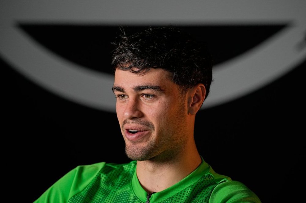 American soccer player Gio Reyna talks during an interview with The Associated Press at the stadium of his Bundesliga club Borussia Moenchengladbach in Moenchengladbach, Germany, Tuesday, Oct. 21, 2025. (AP Photo/Martin Meissner)