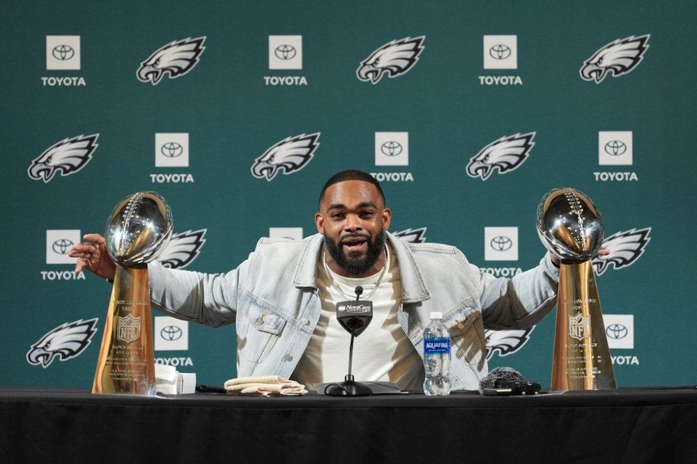 FILE - Philadelphia Eagles defensive end Brandon Graham speaks during a news conference at the NFL football team's practice facility in Philadelphia, Tuesday, March 18, 2025. (AP Photo/Matt Rourke, File)