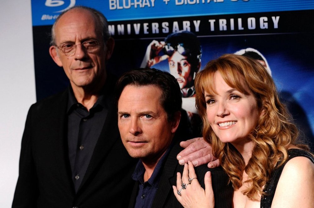 FILE - Castmembers Christopher Lloyd, from left, Michael J. Fox and Lea Thompson appear at the