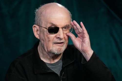Author Salman Rushdie appears during an interview in New York on Wednesday, Oct. 29, 2025. (AP Photo/Richard Drew)
