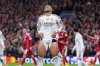Real Madrid's Kylian Mbappe reacts during the Champions League soccer match between Liverpool and Real Madrid in Liverpool, England, Tuesday, Nov. 4, 2025. (Peter Byrne/PA via AP)