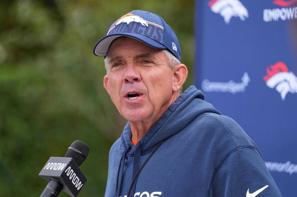 Denver Broncos head coach Sean Payton speaks during an NFL football press conference at Tottenham Hotspur training ground in London, Wednesday, Oct. 8, 2025. (AP Photo/Kirsty Wigglesworth)