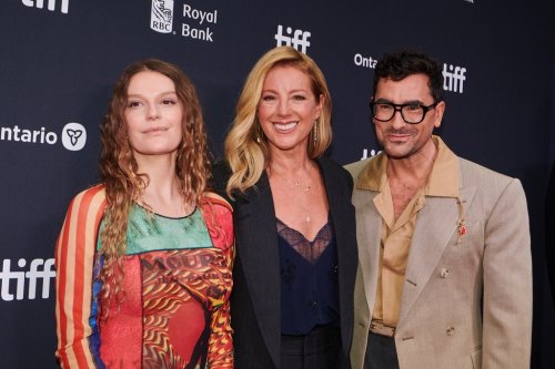 Director Ally Pankiw, left to right, singer-songwriter Sarah McLachlan and producer and actor Dan Levy are photographed on the red carpet for the film 