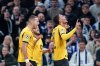 Borussia Dortmund's Felix Nmecha, right, celebrates scoring during the Champions League opening phase soccer match between FC Copenhagen and Borussia Dortmund at Parken in Copenhagen on Tuesday, Oct. 21, 2025. (Liselotte Sabroe/Ritzau Scanpix via AP)