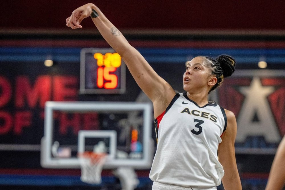 FILE - Las Vegas Aces center Candace Parker (3) watches her shot during a WNBA basketball game against the Atlanta Dream, Friday, June 2, 2023, in College Park, Ga. (AP Photo/Danny Karnik, File)