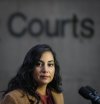 B.C. Attorney General Niki Sharma pauses while responding to questions outside B.C. Supreme Court in Vancouver on Monday November 27, 2023. THE CANADIAN PRESS/Darryl Dyck