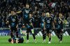 Minnesota United players celebrate during penalty kicks of Game 1 in the first round of MLS soccer's Western Conference playoffs against Seattle Sounders, Monday, Oct. 27, 2025, in St. Paul, Minn. (AP Photo/Matt Krohn)