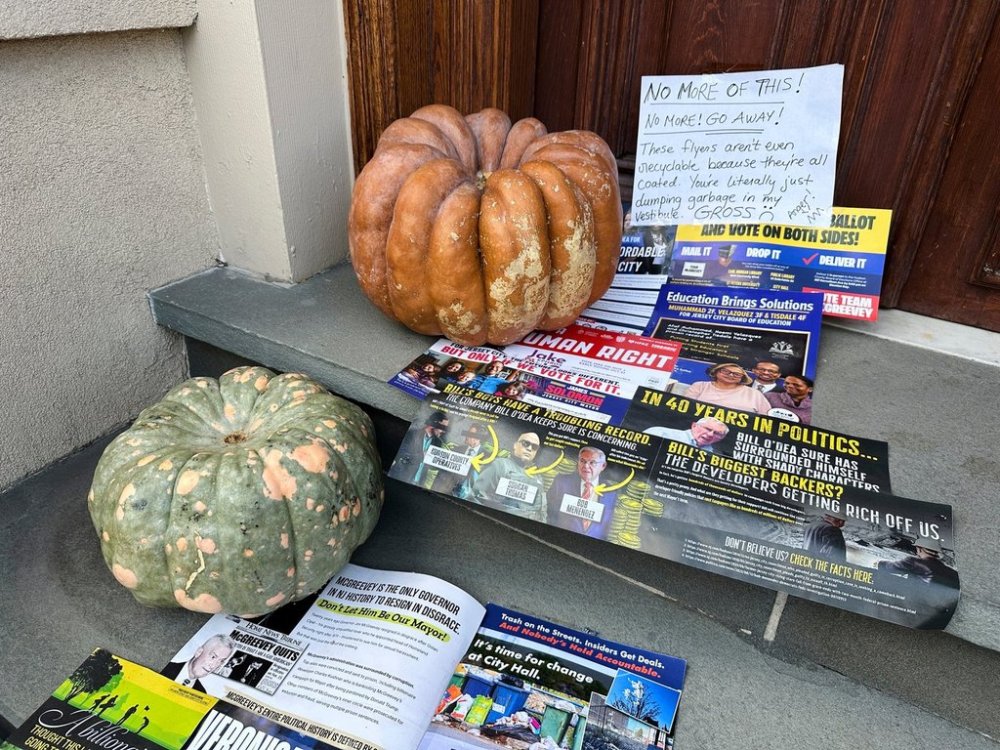 A Halloween display of unwanted campaign fliers sits in front of a private home in The Heights neighborhood of Jersey City, N.J, Thursday, Oct. 23, 2025. (AP Photo/Robert Yoon)