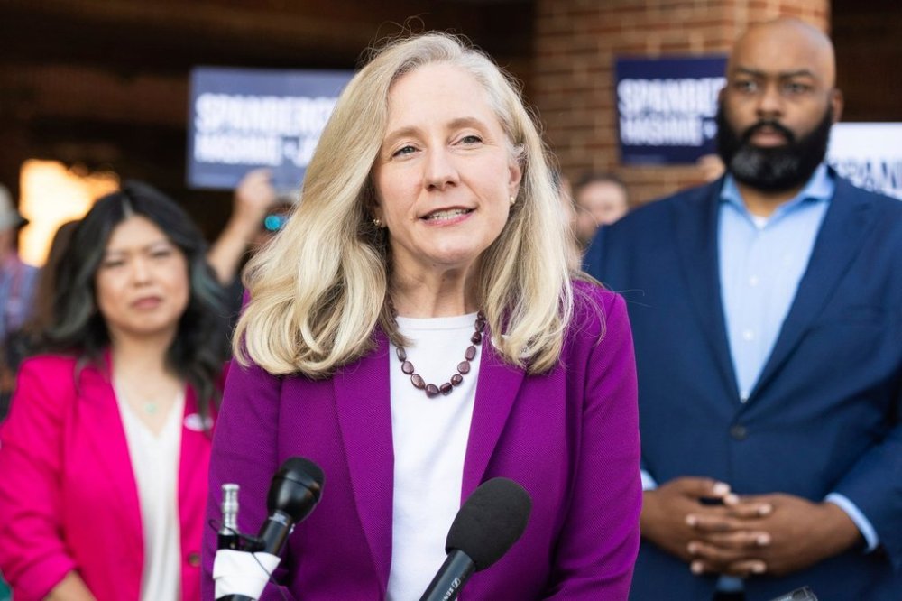 FILE - Democratic gubernatorial candidate Abigail Spanberger speaks to members of the press on the first day of early voting in Henrico County, Sept. 19, 2025. (Mike Kropf /Richmond Times-Dispatch via AP, File)