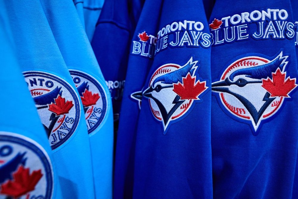 Sweaters for sale at the Toronto Blue Jays merchandise store outside Rogers Centre in Toronto, on Saturday, Oct. 11, 2025. THE CANADIAN PRESS/Sammy Kogan