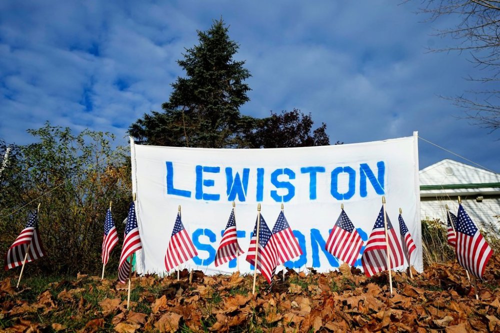 FILE - A make-shift memorial lines Main Street following a deadly mass shooting in Maine, Nov. 3, 2023, in Lewiston, Maine. (AP Photo/Matt York, File)