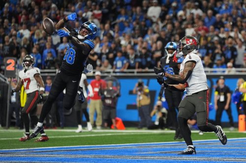 Detroit Lions cornerback Nick Whiteside (38) breaks up a pass intended for Tampa Bay Buccaneers running back Rachaad White (1) during the second half of an NFL football game, Monday, Oct. 20, 2025, in Detroit. AP Photo/Ryan Sun)