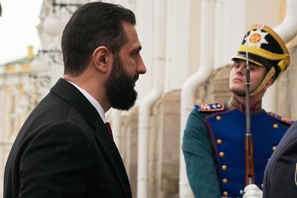 Syrian interim President Ahmad al-Sharaa arrives at the Grand Kremlin Palace for his meeting with Russian President Vladimir Putin in Moscow, Russia, Wednesday, Oct. 15, 2025. (AP Photo/Pavel Bednyakov, Pool)