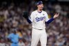 Los Angeles Dodgers' pitcher Blake Snell reacts to a call during the fifth inning in Game 5 of baseball's World Series against the Toronto Blue Jays, Wednesday, Oct. 29, 2025, in Los Angeles. (AP Photo/Ashley Landis)