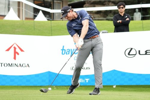 Max Greyserman of the U.S. tees off on the 17th hole during the first round of the Baycurrent Classic golf tournament at the Yokohama Country Club in Yokohama, near Tokyo, Thursday, Oct. 9, 2025. (AP Photo/Hiro Komae)