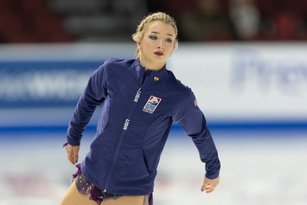 FILE - Amber Glenn takes part in a practice session at the U.S. figure skating championships on Jan. 24, 2025, in Wichita, Kan. (AP Photo/Travis Heying, File)