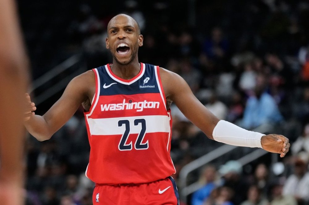 Washington Wizards forward Khris Middleton reacts during the first half of a preseason NBA basketball game against the Detroit Pistons Thursday, Oct. 16, 2025, in Detroit. (AP Photo/Ryan Sun)BKN