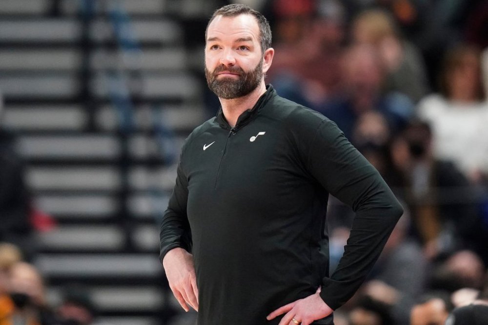 FILE - Utah Jazz acting head coach Alex Jensen, who is now the head coach at the University of Utah, looks on in the first half during an NBA basketball game against the Denver Nuggets Wednesday, Feb. 2, 2022, in Salt Lake City. (AP Photo/Rick Bowmer, File)