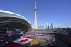 The Canadian flag is displayed on the field during an anthems ceremony ahead of the start of the American League Division Series MLB playoff series between the Toronto Blue Jays and the New York Yankees in Toronto on Saturday, October 4, 2025. THE CANADIAN PRESS/Chris Young