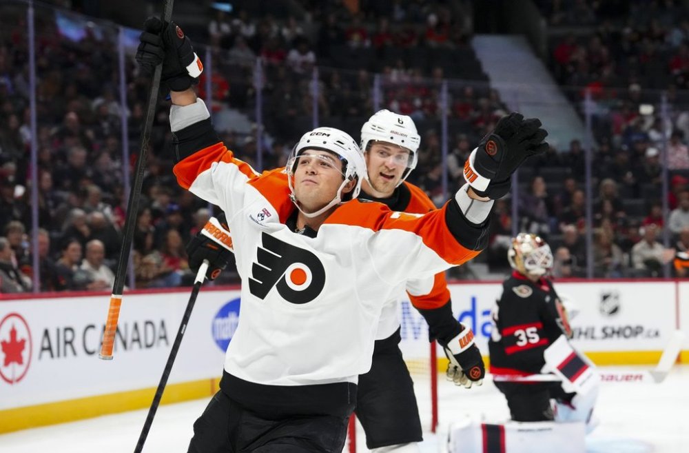 Philadelphia Flyers' Tyson Foerster (71) celebrates his first period goal against the Ottawa Senators during NHL hockey action in Ottawa on Thursday, Oct. 23, 2025. THE CANADIAN PRESS/Sean Kilpatrick