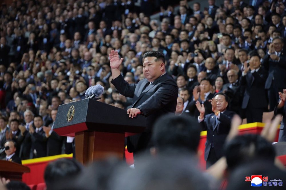 In this photo provided by North Korean government, North Korean leader Kim Jong Un, center, waves during the ceremony marking the 80th anniversary of the ruling Workers’ Party, in Pyongyang, North Korea, Thursday, Oct. 9, 2025. Independent journalists were not given access to cover the event depicted in this image distributed by the North Korean government. The content of this image is as provided and cannot be independently verified. Korean language watermark on image as provided by source reads: