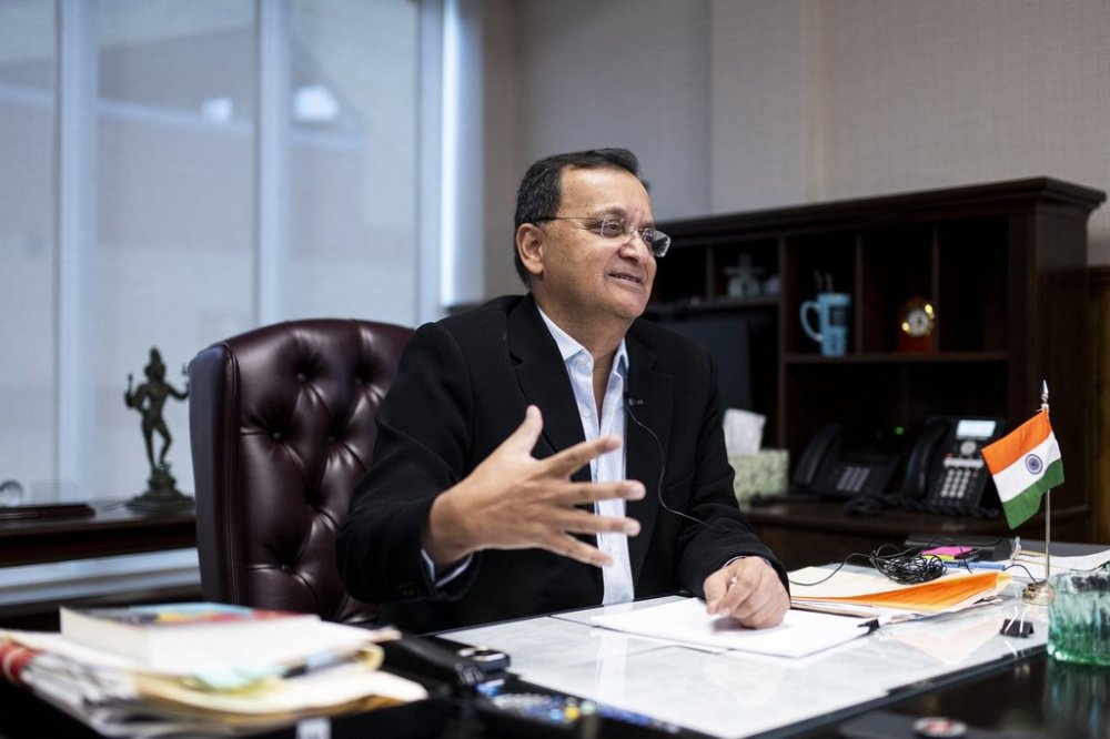 Dinesh Kumar Patnaik, High Commissioner for the Republic of India to Canada, speaks to a reporter from The Canadian Press during an interview at the High Commission of India in Ottawa, on Thursday, Oct. 16, 2025. THE CANADIAN PRESS/Spencer Colby
