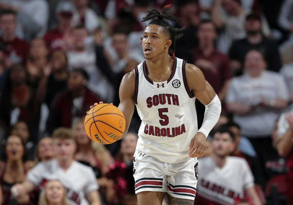 FILE - South Carolina guard Meechie Johnson brings the ball up during the second half of the team's NCAA college basketball game against Tennessee on March 6, 2024, in Columbia, S.C. (AP Photo/Artie Walker Jr., file)