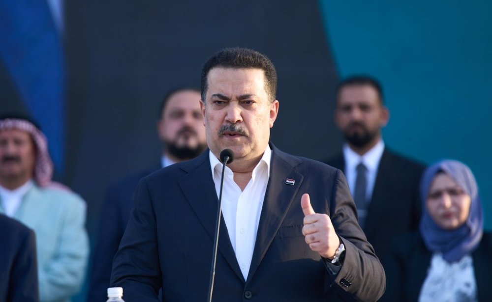 Iraqi Prime Minister Mohammed Shia al-Sudani speaks at his political block campaign rally before the parliamentary elections in Mosul, Iraq, Saturday, Oct. 18, 2025. (AP Photo/Hadi Mizban)