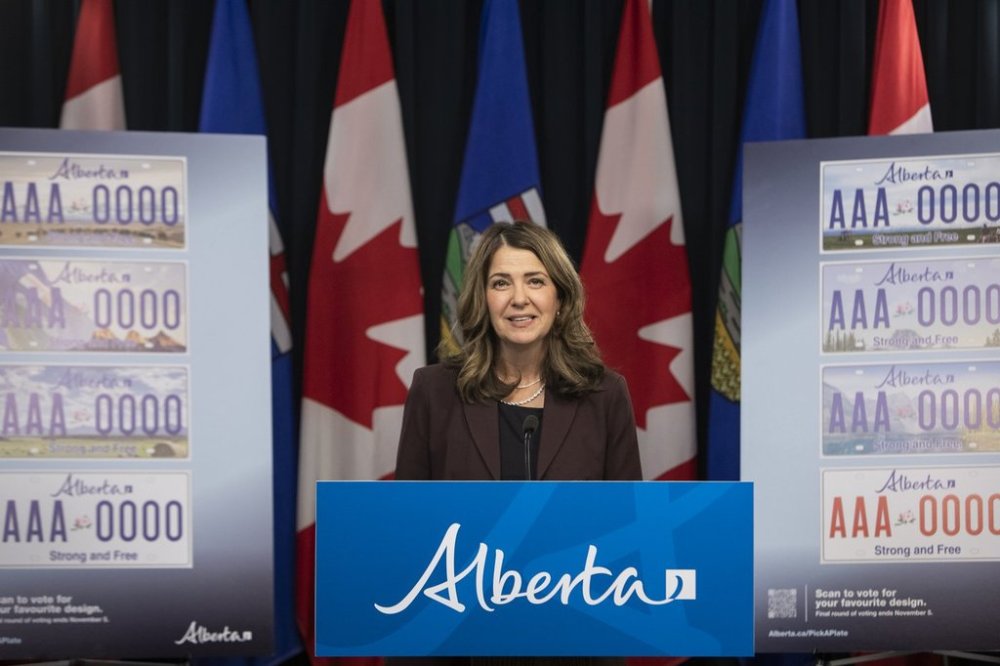 Alberta Premier Danielle Smith announces a voting period for Alberta's new licence plates in Edmonton, on Wednesday, Oct. 15, 2025. The new plate will include the phrase