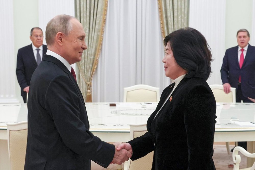 Russian President Vladimir Putin shakes hands with North Korean Foreign Minister Choe Son Hui during their meeting at the Kremlin in Moscow, Russia, Monday, Oct. 27, 2025. (Vyacheslav Prokofyev, Sputnik, Kremlin Pool Photo via AP)