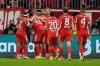 Bayern's Nicolas Jackson, third from left, celebrates after scoring his side's second goal during the German Bundesliga soccer match between Bayern Munich and Bayern Leverkusen in Munich, Germany, Saturday, Nov. 1, 2025. (AP Photo/Matthias Schrader)