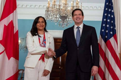 U.S. Secretary of State Marco Rubio, right, meets with Foreign Minister Anita Anand of Canada at the State Department in Washington, Aug. 21, 2025. (AP Photo/Cliff Owen)