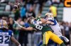 Winnipeg Blue Bombers' Evan Holm (right) and Edmonton Elks' Gavin Cobb (85) jump for the incomplete pass during first half CFL action in Edmonton, on Saturday September 21, 2024. THE CANADIAN PRESS/Jason Franson