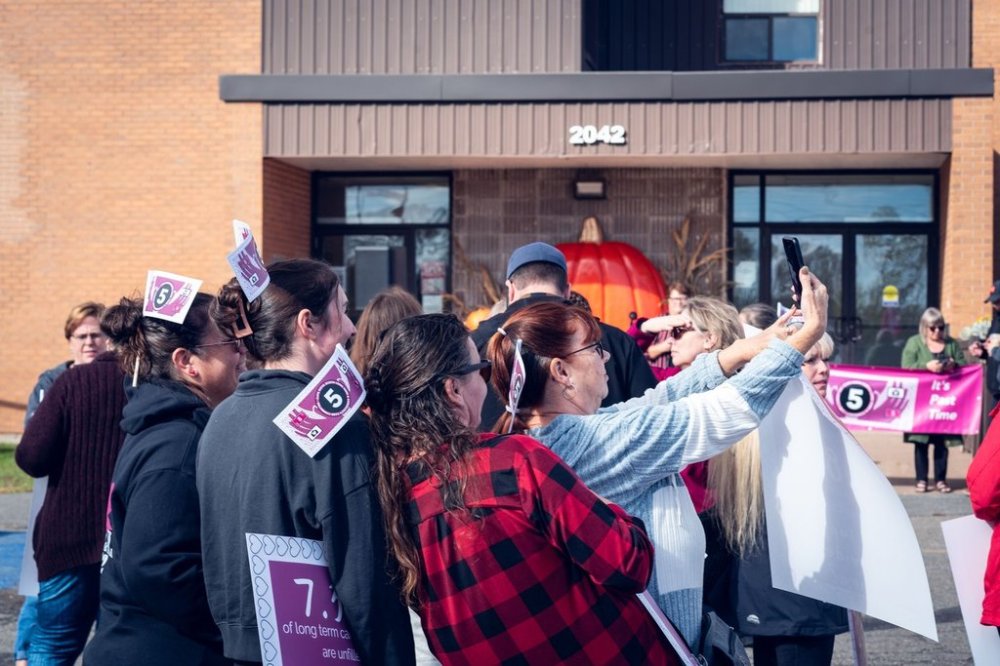 Long-term care home workers, seen in this handout photo, rally outside of Nova Scotia Premier Tim Houston’s office in Westville, N.S., on Wednesday, Oct. 22, 2025. They have been without a contract for two years and say they are preparing for a potential strike. THE CANADIAN PRESS/Handout - CUPE (Mandatory Credit)