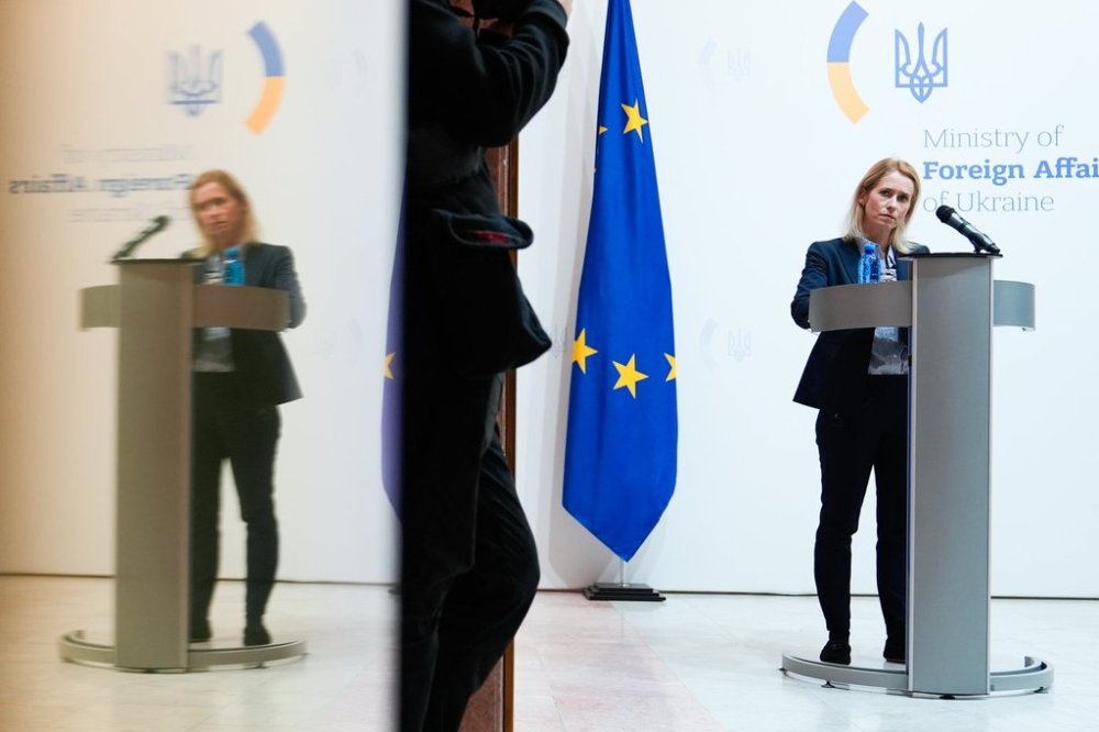 High Representative of the European Union for Foreign Affairs and Security Policy Kaja Kallas speaks during a news conference with Ukraine's Foreign Minister Andrii Sybiha, not pictured, at the Ministry of Foreign Affairs, Monday, Oct. 13, 2025, in Kyiv, Ukraine. (AP Photo/Julia Demaree Nikhinson)