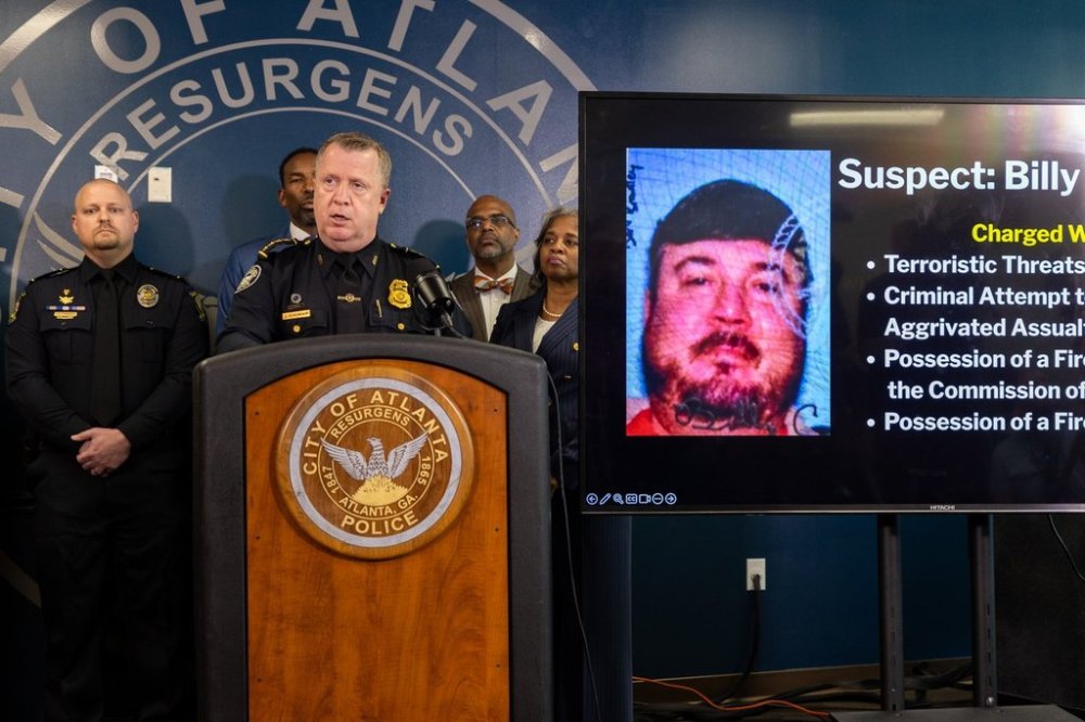 Atlanta Police Chief Darin Schierbaum speaks during a press conference at the Atlanta Police Department headquarters in Atlanta on Monday, October 20, 2025, regarding a Cartersville man, Billy Cagle, who threatened to