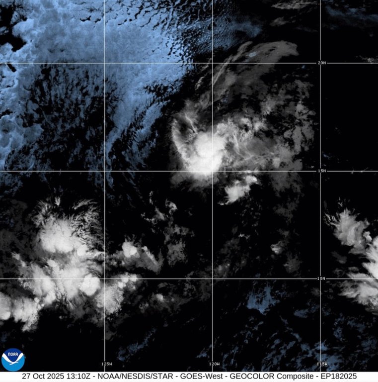 This satellite image provided by the National Oceanographic and Atmospheric Administration shows Tropical Storm Sonia, Monday, Oct. 27, 2025. (NOAA via AP)