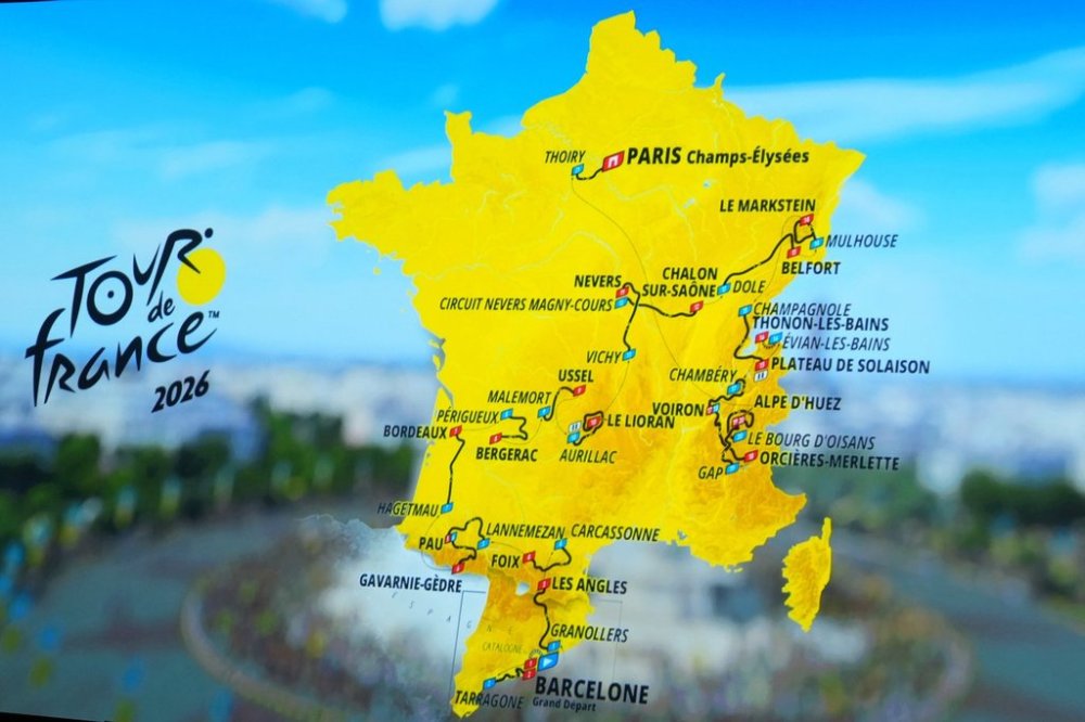 The roadmap of the Tour de France 2026 cycling race is unveiled, Thursday, Oct. 23, 2025 in Paris. (AP Photo/Thibault Camus)