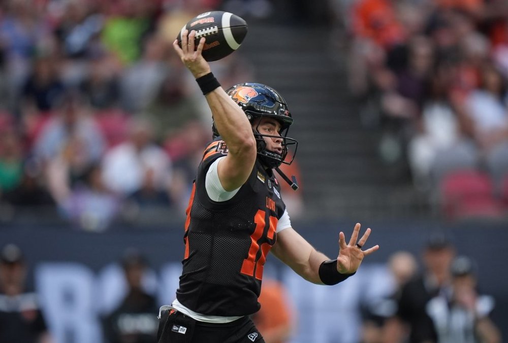 B.C. Lions quarterback Nathan Rourke passes during the first half of a CFL football game against the Saskatchewan Roughriders, in Vancouver, on Saturday, July 19, 2025. THE CANADIAN PRESS/Darryl Dyck
