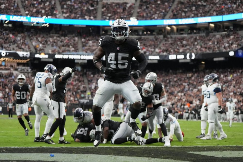 Las Vegas Raiders linebacker Devin White (45) celebrates after forcing a fumble by the Tennessee Titans during the first half of an NFL football game, Sunday, Oct. 12, 2025, in Las Vegas. (AP Photo/Rick Scuteri)