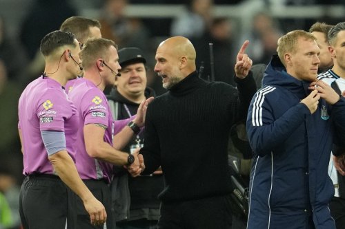 Manchester City's head coach Pep Guardiola argues with referees after a Premier League soccer match between Newcastle United and Manchester City in Newcastle, England, Saturday, Nov. 22, 2025. (AP Photo/Jon Super)
