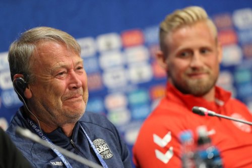 FILE -Denmark headcoach Age Hareide smiles as he answers journalists during Denmark's official press conference at the eve of the group C match between France and Denmark at the 2018 soccer World Cup in the Luzhniki Stadium in Moscow, Russia, June 25, 2018. (AP Photo/David Vincent, File)