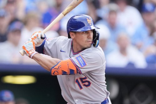 FILE - New York Mets' Tyrone Taylor bats during the ninth inning of a baseball game against the Kansas City Royals, July 12, 2025, in Kansas City, Mo. (AP Photo/Charlie Riedel, File)