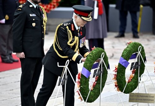 Gen. Jennie Carignan, Chief of the Defence Staff, places a wreath during the Remembrance Day ceremony at the National War Memorial in Ottawa, on Monday, Nov. 11, 2024. THE CANADIAN PRESS/Justin Tang