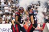 Montreal Alouettes quarterback Davis Alexander (10) celebrates with Montreal Alouettes wide receiver Tyson Philpot (6) after a successful touchdown pass during first half CFL action against the Toronto Argonauts, in Montreal on Friday, June 6, 2025. THE CANADIAN PRESS/Christopher Katsarov