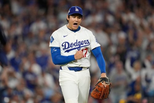 FILE - Los Angeles Dodgers pitcher Shohei Ohtani (17) reacts during Game 4 of baseball's National League Championship Series against the Milwaukee Brewers, Friday, Oct. 17, 2025, in Los Angeles. (AP Photo/Ashley Landis, File)