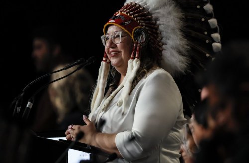 Assembly of First Nations National Chief Cindy Woodhouse Nepinak speaks at the Assembly of First Nations Annual General Assembly in Winnipeg, Wednesday, Sept. 3, 2025. THE CANADIAN PRESS/John Woods