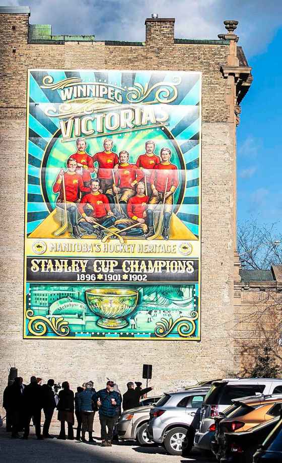 The new mural celebrating the Winnipeg Victorias hockey team, three-time winners of the Stanley Cup in the first decade it was awarded, is officially unveiled Wednesday on the Palomino Club building downtown. Read more about the mural in a story by sports reporter Taylor Allen.